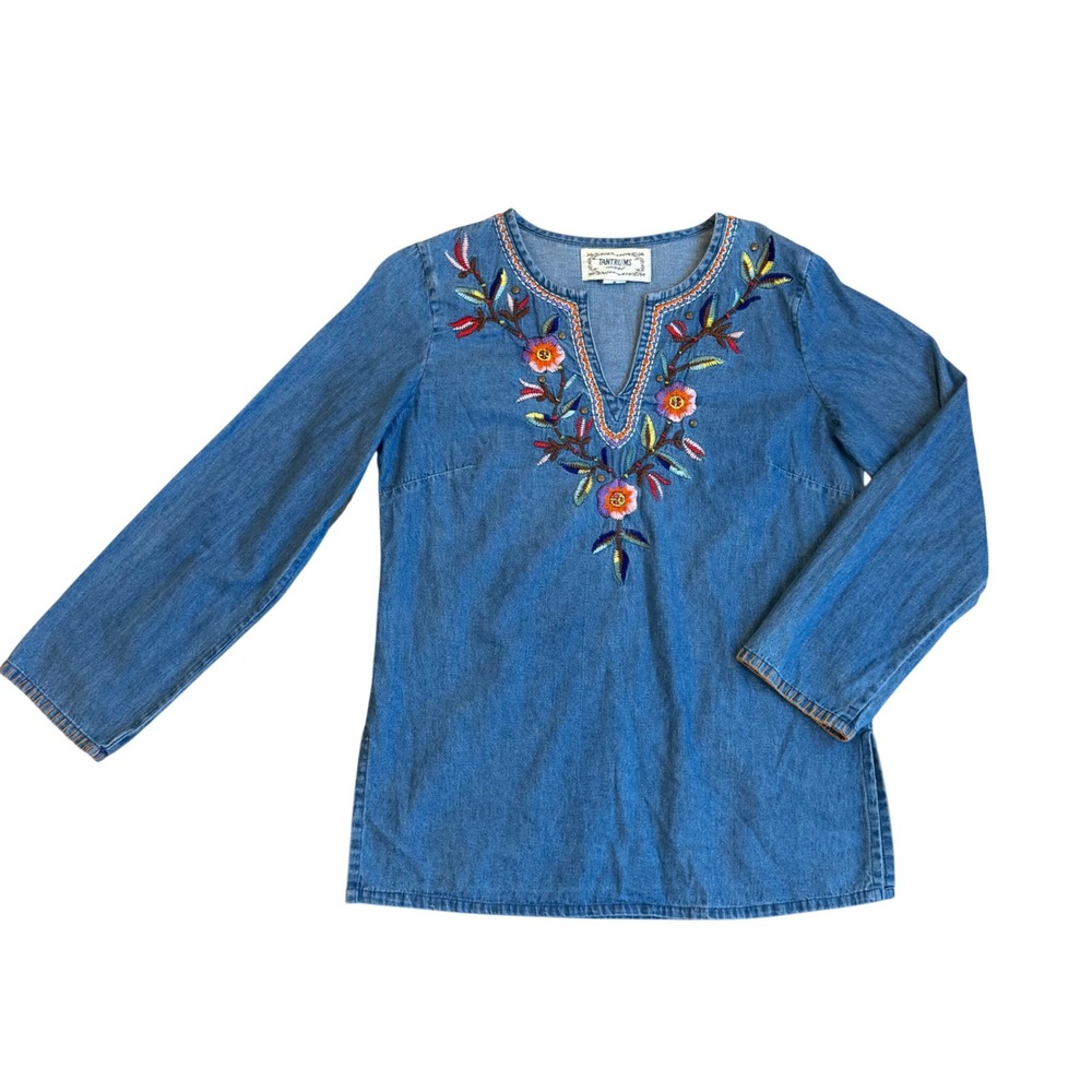Tantrums Womens Medium Blue‎ Denim Embroidered Floral Boho Tunic Top Cotton M